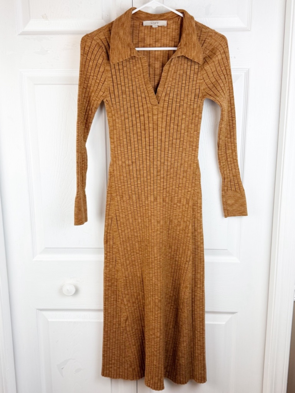 LOFT Ribbed Knit Midi Size M Rust Tan Brown Long Sleeve Collared Sweater Dress - Picture 4 of 14